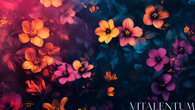 Neon Flowers on Dark Background.