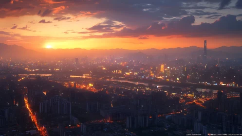 Sunlit city horizon glowing under a dreamy evening sky.