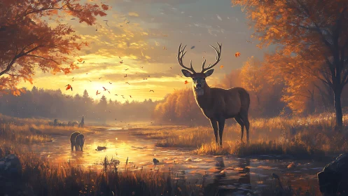 Stag and bear in autumn wetland at low sunlit horizon.