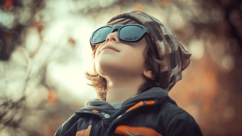 Young explorer gazes skyward wearing aviator sunglasses outdoors.