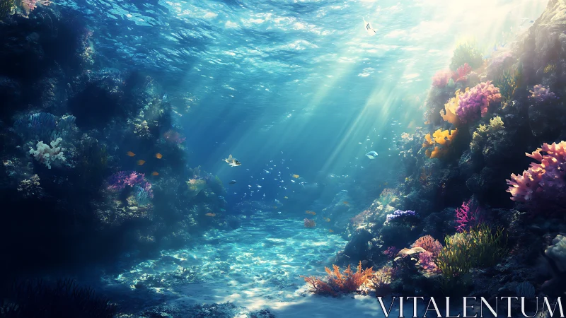 Sunlit coral reef valley with vibrant tropical marine life.
