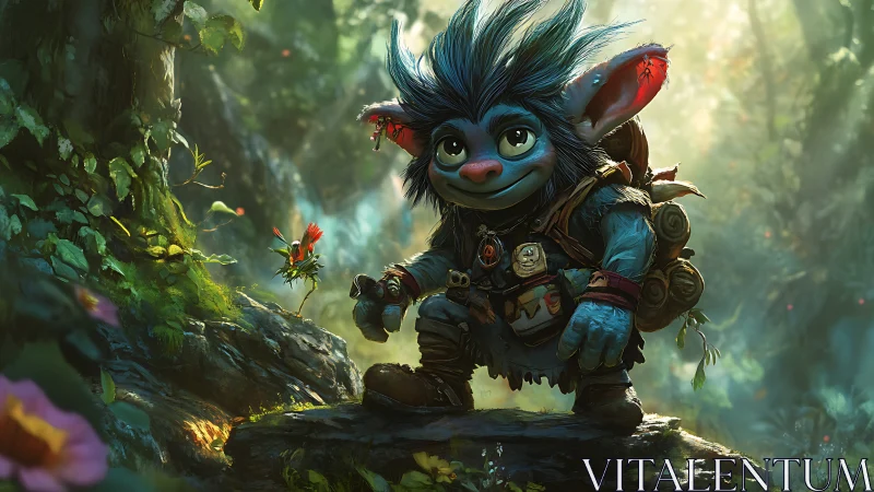 Blue creature stands in dense forest environment with gear