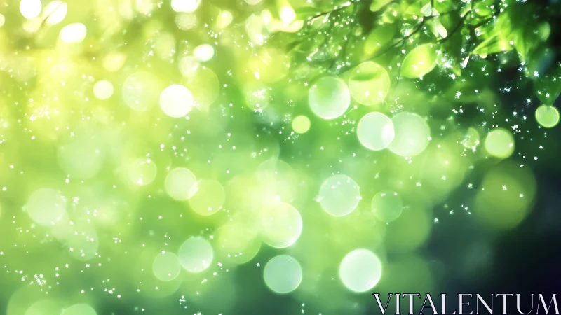 Green bokeh light orbs shimmer over soft leafy background