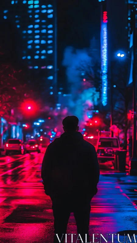 Backlit urban silhouette in neon magenta and cyan streetscape.