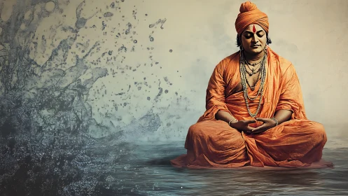Meditating monk in orange robes contrasts dynamic water splash
