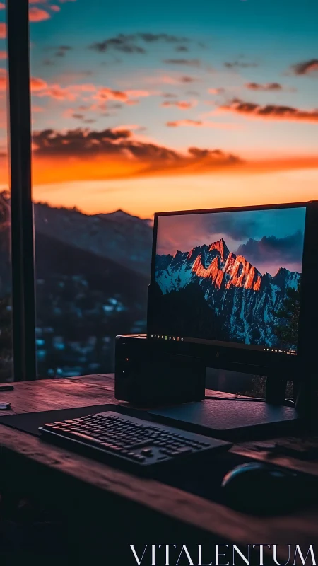 Sunset workstation overlooking mountains with glowing skyline.