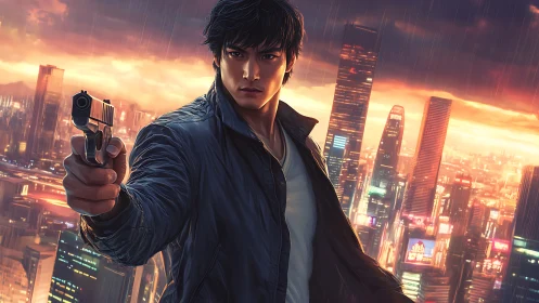 Vigilant gunman dominates neon cityscape under storm light.