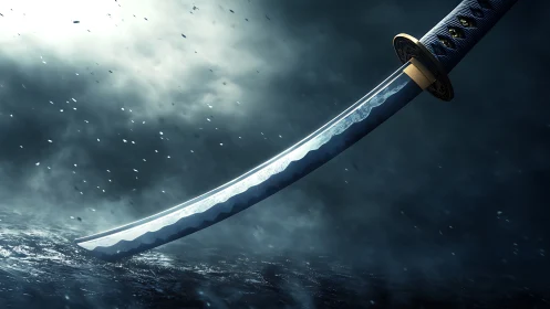 Stormlit katana blade suspended above dark turbulent sea.
