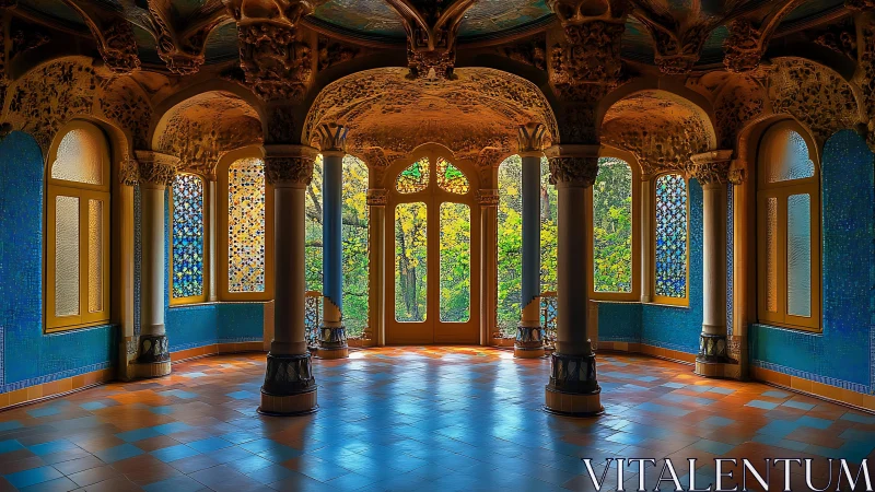 Art Nouveau colonnade frames luminous mosaic garden view.