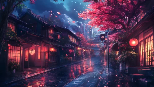 Lanterns whisper warmth along this rain-glazed sakura street