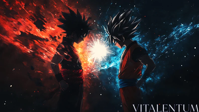Dual anime warriors opposed across red and blue cosmic field.
