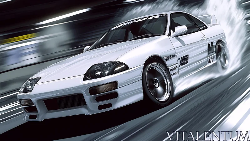 White tuned coupe drifts through tunnel under motion blur