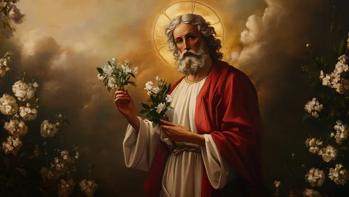 Sacred robed elder holding blossoms amid radiant haloed light.