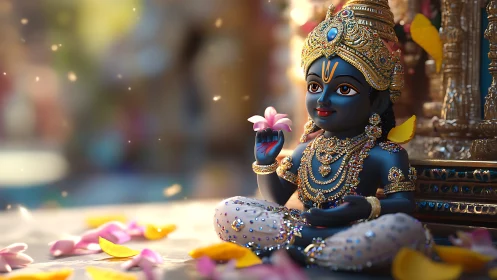 Jewelled baby deity idol rendered in ornate photorealistic detail