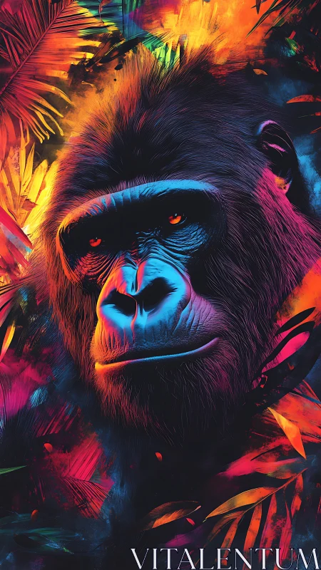 Vibrant jungle gorilla glowing in sunset neon color light.