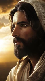 Side-lit bearded figure in linen hood under golden sky.