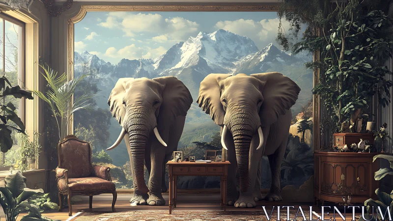 Two elephants occupying elegant living room interior.