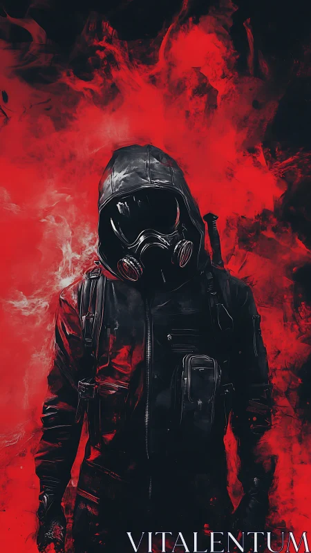 Hooded respirator operative in red particulate vapor field.