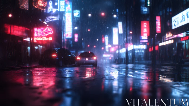 Rainy neon city street with cars and wet reflections.