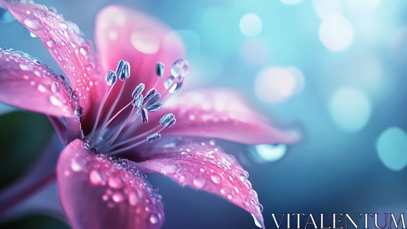 Dew-kissed pink flower glowing in dreamy morning light.