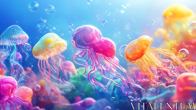 Color saturated jellyfish drift through a luminous seascape