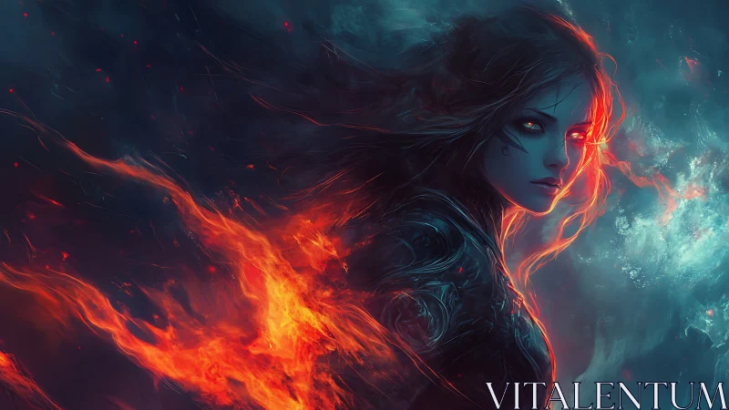 Digital painting of elemental warrior in fiery chromatic contrast.