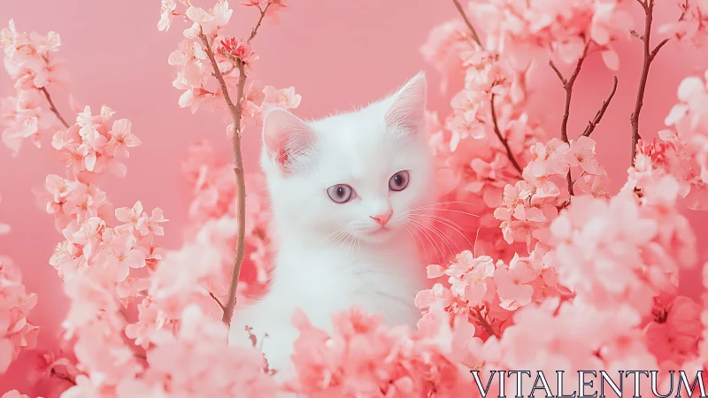 White Cat Among Cherry Blossoms in Soft Pink Palette.