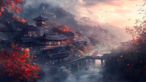 Autumn-lit riverside temple city in misty mountain valley.