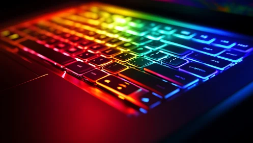 RGB backlit laptop keyboard glows with neon spectrum light.