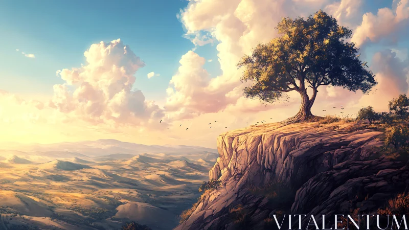 Lone cliffside tree glows above a vast golden valley at dusk