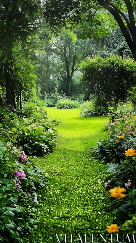 Sunlit garden corridor with dense foliage and graded depth cues