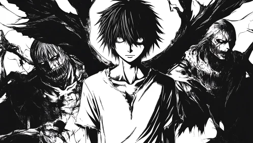 Stark monochrome hero with looming demonic silhouettes.