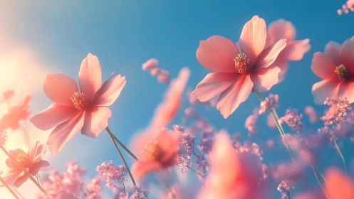 Pink cosmos flowers against blue sky at golden hour.