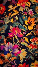 Botanical Textile Pattern with Vibrant Floral Motifs on Dark Background