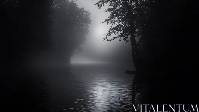Dense fog partially obscures a tree lined lakeshore at dusk