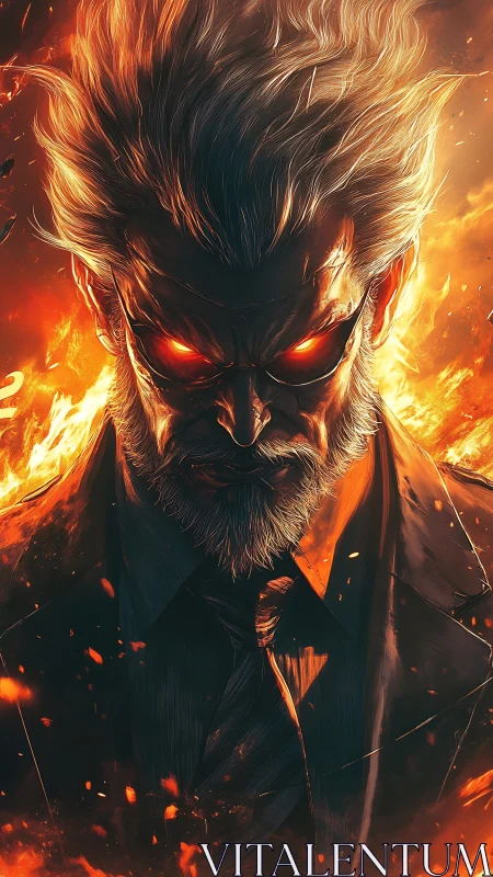 White‑haired demon executive glares through swirling flames