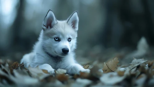 Blue-eyed husky puppy resting on autumn forest leaf litter