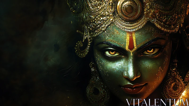 Divine warrior portrait with gilded headdress and burning gaze.