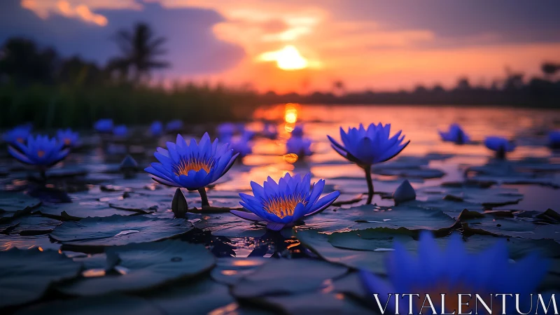 Blue water lilies on lake under vivid orange sunset glow.