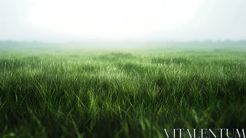 Morning dew on lush green field under soft white haze.
