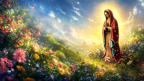 Radiant robed figure amid luminous celestial wildflower valley.