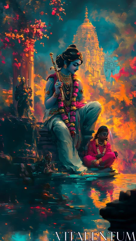 Digital rendering shows seated deity and child near reflective water