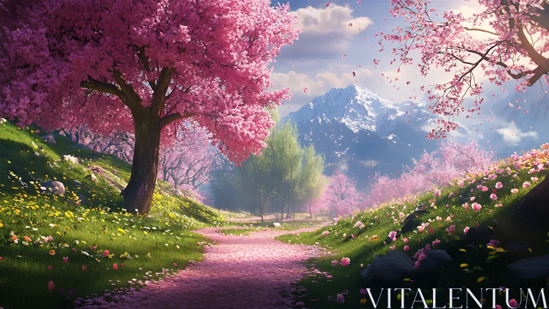 Blossom-laced mountain path dreaming beneath pink spring skies.
