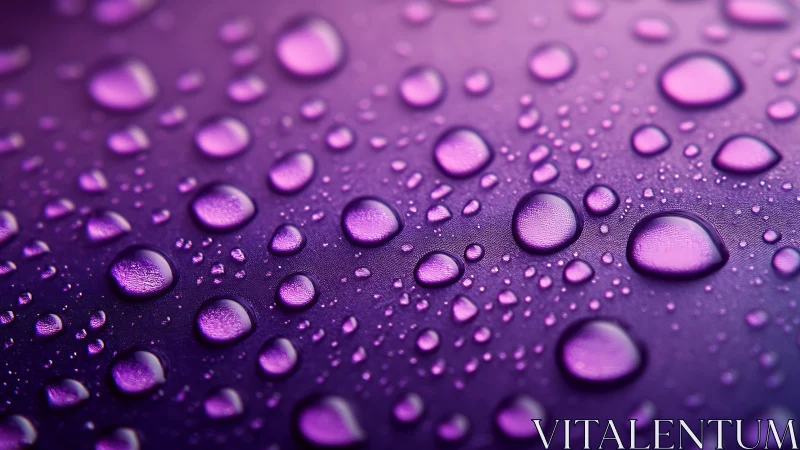 Purple water droplets on smooth surface in macro view.
