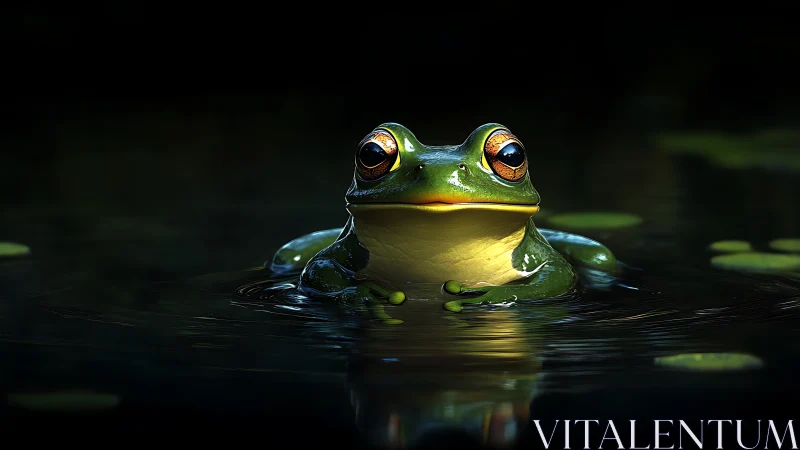 Emerald tree frog rests in dark pond, cinematic lighting.