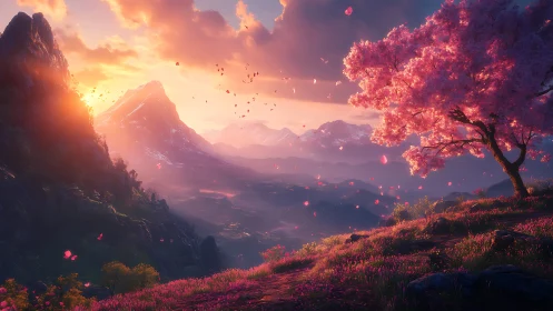 Sunset valley with pink blossom tree and mountain peaks.