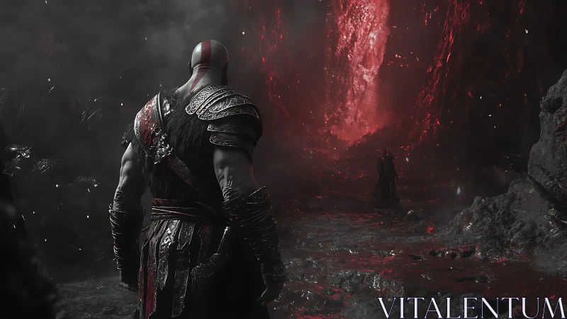 Warrior in molten canyon walks toward a glowing red rift.