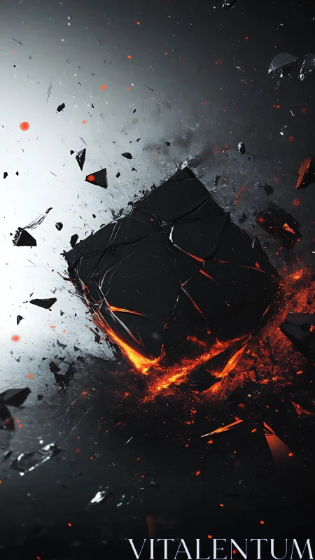 3D fractured obsidian cube with molten core and radial shatterfield.