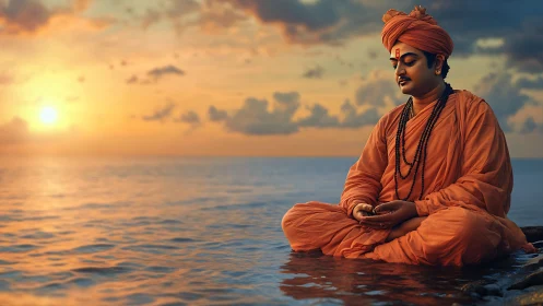 Monk in deep meditation over tranquil golden ocean sunset.