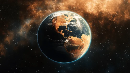 Golden Earth drifting softly through a starlit cosmic sea.